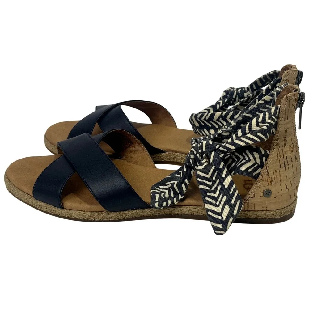 UGG Idina‎ Navy Blue Espadrille Sandal Striped Ankle Tie Zip Cork Heel Size 8.5
